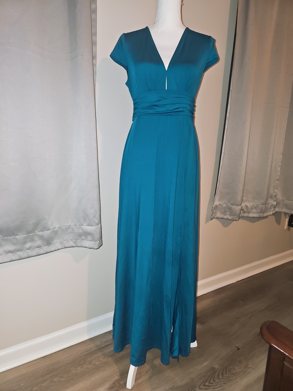 Cap Sleeve Teal V-Neck Maxi Dress